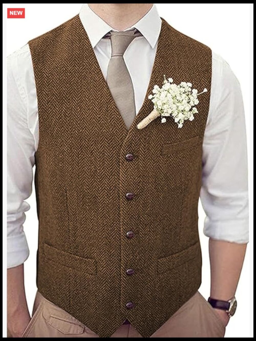 Slim Fit V-Neck Herringbone Tweed Wool Suit Vest for Wedding Groomsmen